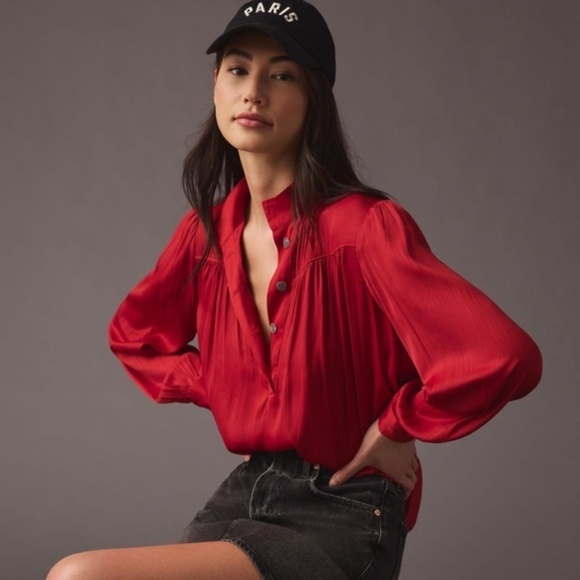 ANTHROPOLOGIE Relaxed Shimmer Satin Blouse Dark Cherry Henley Button Up Small - Picture 2 of 16